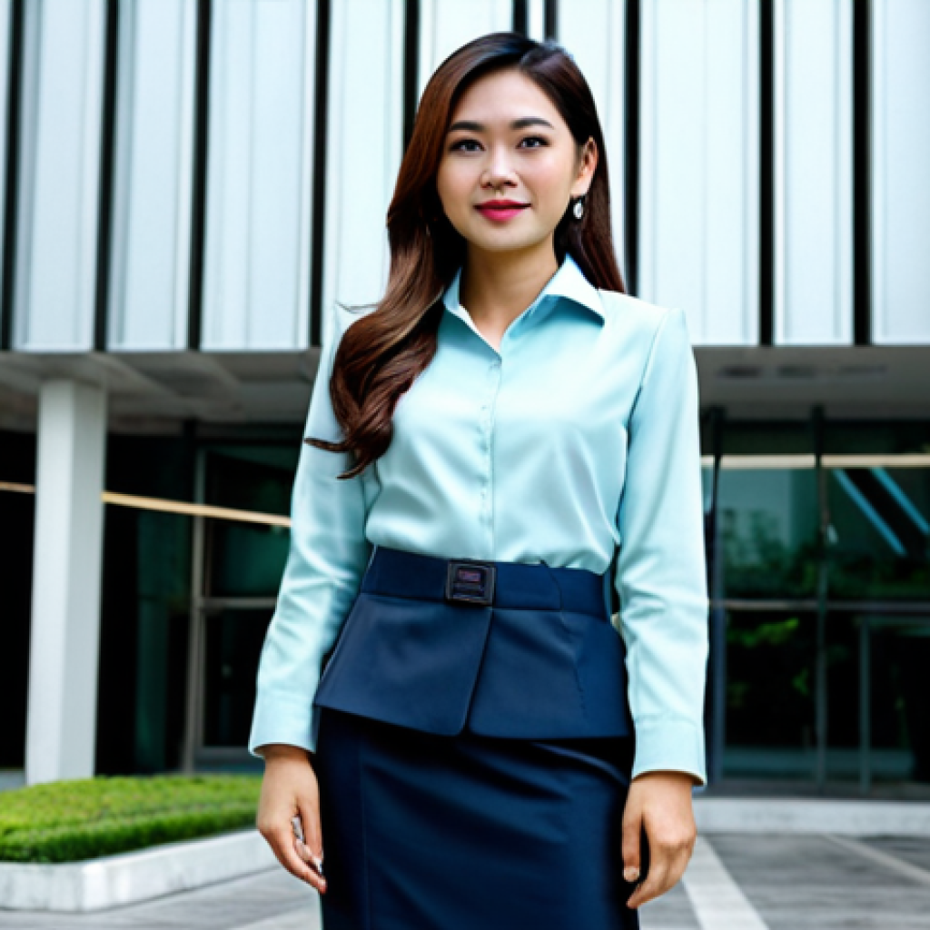 **
A professional Thai businesswoman in a modest, well-tailored silk business suit, standing in front of a modern office building in Bangkok. The attire is fully clothed and appropriate for a professional setting. She has perfect anatomy, correct proportions, and a natural pose. Safe for work, appropriate content, family-friendly. Professional photography, high quality.
**