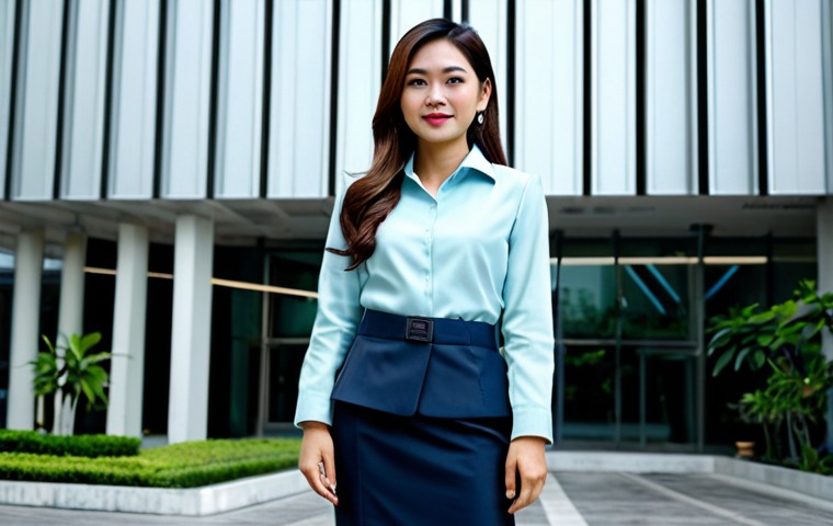 **

A professional Thai businesswoman in a modest, well-tailored silk business suit, standing in front of a modern office building in Bangkok. The attire is fully clothed and appropriate for a professional setting. She has perfect anatomy, correct proportions, and a natural pose. Safe for work, appropriate content, family-friendly. Professional photography, high quality.

**