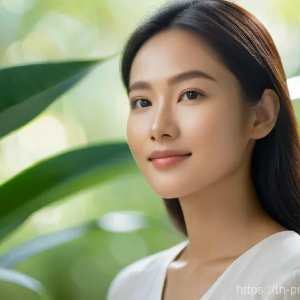 프로바이오틱 스킨케어와 사회적 책임 - **Prompt:** A serene and radiant Thai woman in her late twenties with clear, healthy, and luminous s...