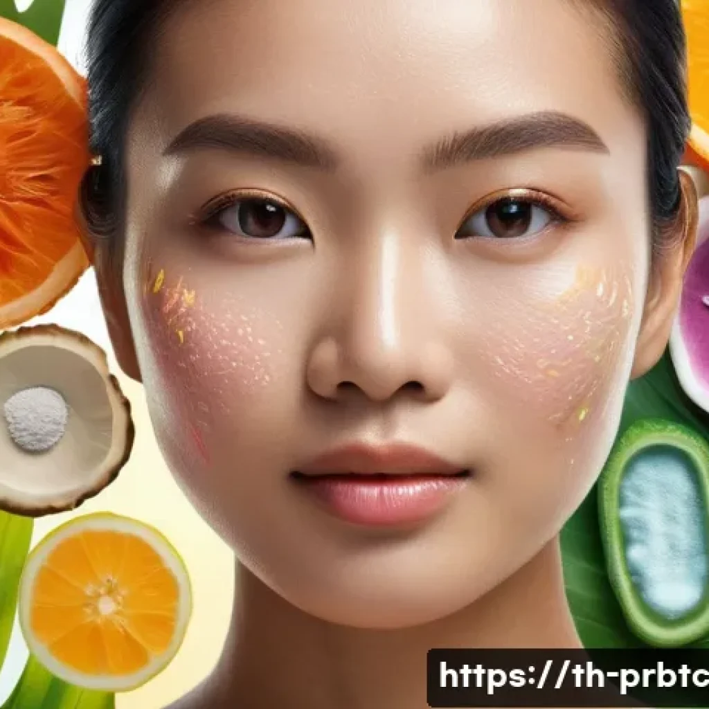 프로바이오틱 스킨케어의 발전 과정 - A close-up, hyper-realistic portrait of a Thai woman with glowing, healthy skin, surrounded by micro...