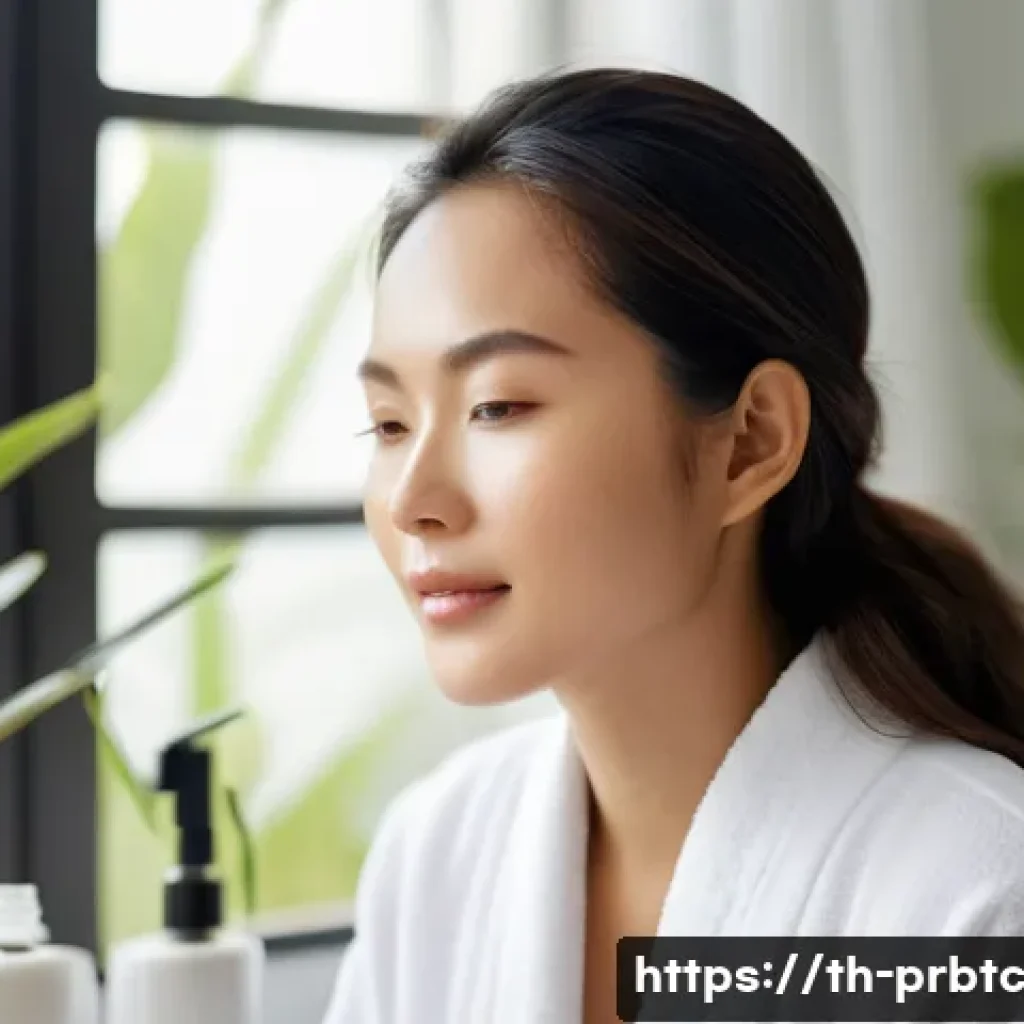 프로바이오틱 스킨케어의 적절한 사용 시기 - A serene morning skincare scene in a modern Thai-style bathroom, featuring a young Asian woman with ...