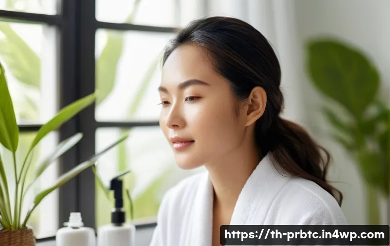 프로바이오틱 스킨케어의 적절한 사용 시기 - A serene morning skincare scene in a modern Thai-style bathroom, featuring a young Asian woman with ...