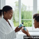 Home 22 여드름 예방을 위한 프로바이오틱 스킨케어 - A serene skincare scene featuring a diverse group of adults with various skin types applying probiot...