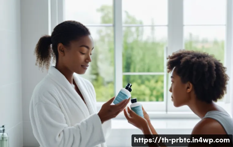 여드름 예방을 위한 프로바이오틱 스킨케어 - A serene skincare scene featuring a diverse group of adults with various skin types applying probiot...
