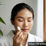 Home 21 프로바이오틱 스킨케어와 환경 친화성 - A serene close-up portrait of a young Southeast Asian woman with flawless, glowing skin, gently appl...