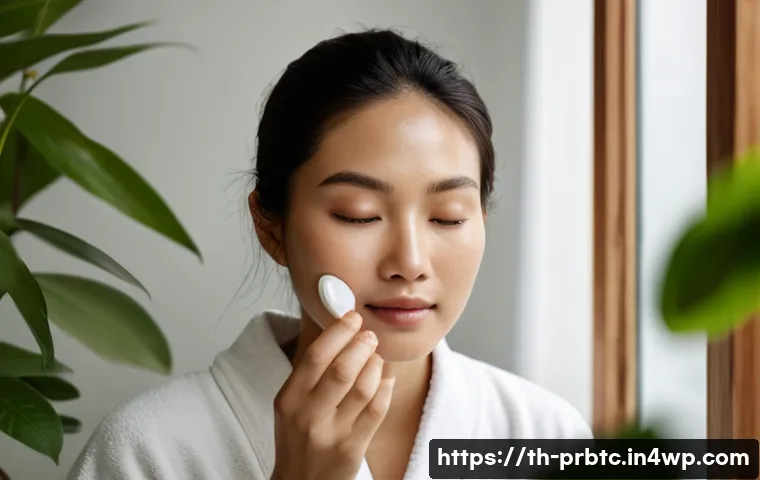 프로바이오틱 스킨케어와 환경 친화성 - A serene close-up portrait of a young Southeast Asian woman with flawless, glowing skin, gently appl...