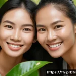 Home 19 프로바이오틱 스킨케어와 피부 지속 가능성 - A close-up image of a diverse group of smiling Thai women with healthy, glowing skin, gently touchin...
