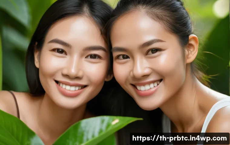 프로바이오틱 스킨케어와 피부 지속 가능성 - A close-up image of a diverse group of smiling Thai women with healthy, glowing skin, gently touchin...