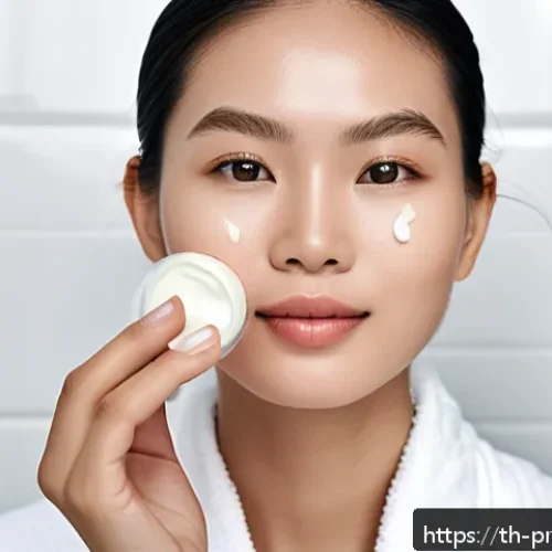 Home 30 프로바이오틱 스킨케어로 피부 수분 유지하기 - A serene, close-up portrait of a young Thai woman with flawless, glowing skin, gently applying probi...