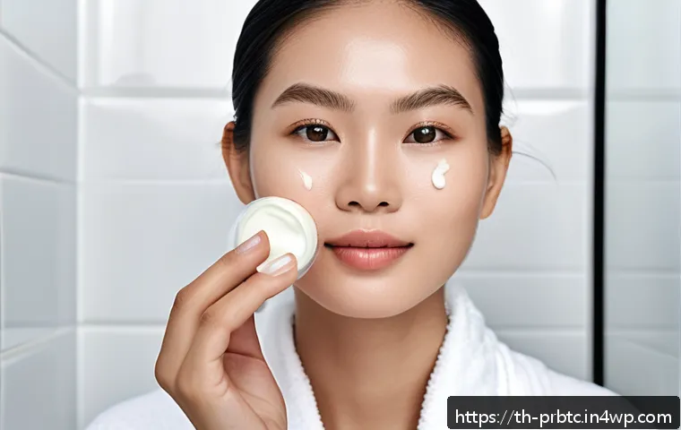 프로바이오틱 스킨케어로 피부 수분 유지하기 - A serene, close-up portrait of a young Thai woman with flawless, glowing skin, gently applying probi...