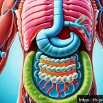 Home 23 프로바이오틱 성분이 포함된 인기 브랜드 - A vibrant, detailed illustration of a healthy human digestive system focusing on the intestines, sho...