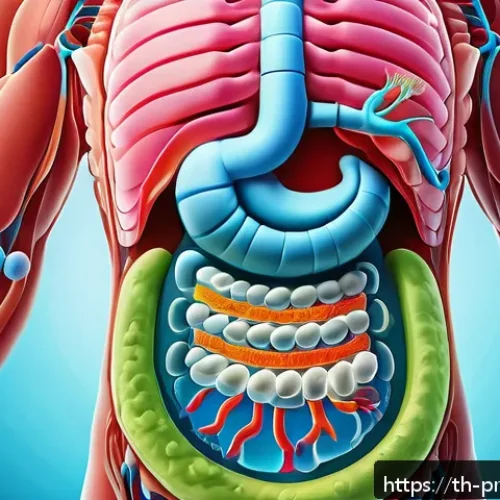 Home 17 프로바이오틱 성분이 포함된 인기 브랜드 - A vibrant, detailed illustration of a healthy human digestive system focusing on the intestines, sho...