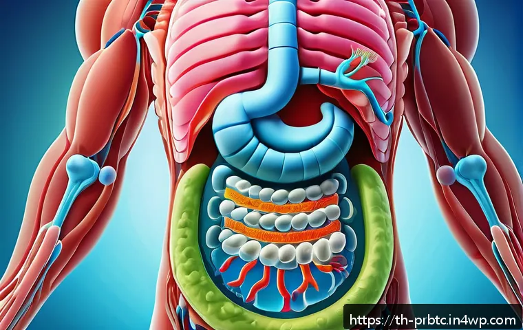 프로바이오틱 성분이 포함된 인기 브랜드 - A vibrant, detailed illustration of a healthy human digestive system focusing on the intestines, sho...