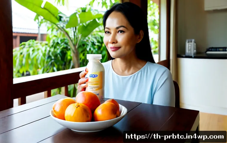 Home 17 피부 노화 방지를 위한 프로바이오틱 제품 - Photorealistic wellness still life for skin-aging prevention, a stylish Thai woman in her early 50s ...